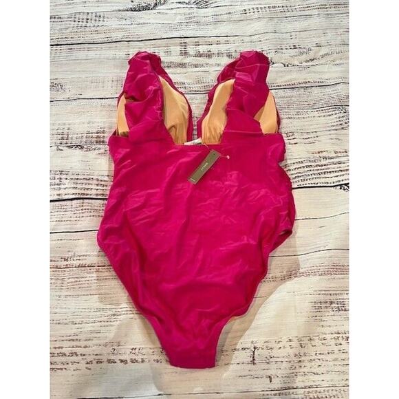 J.Crew Womens Ruched Ruffle One Piece Swimsuit Beach Fuchsia Pink Size 18 NWT - Picture 3 of 7